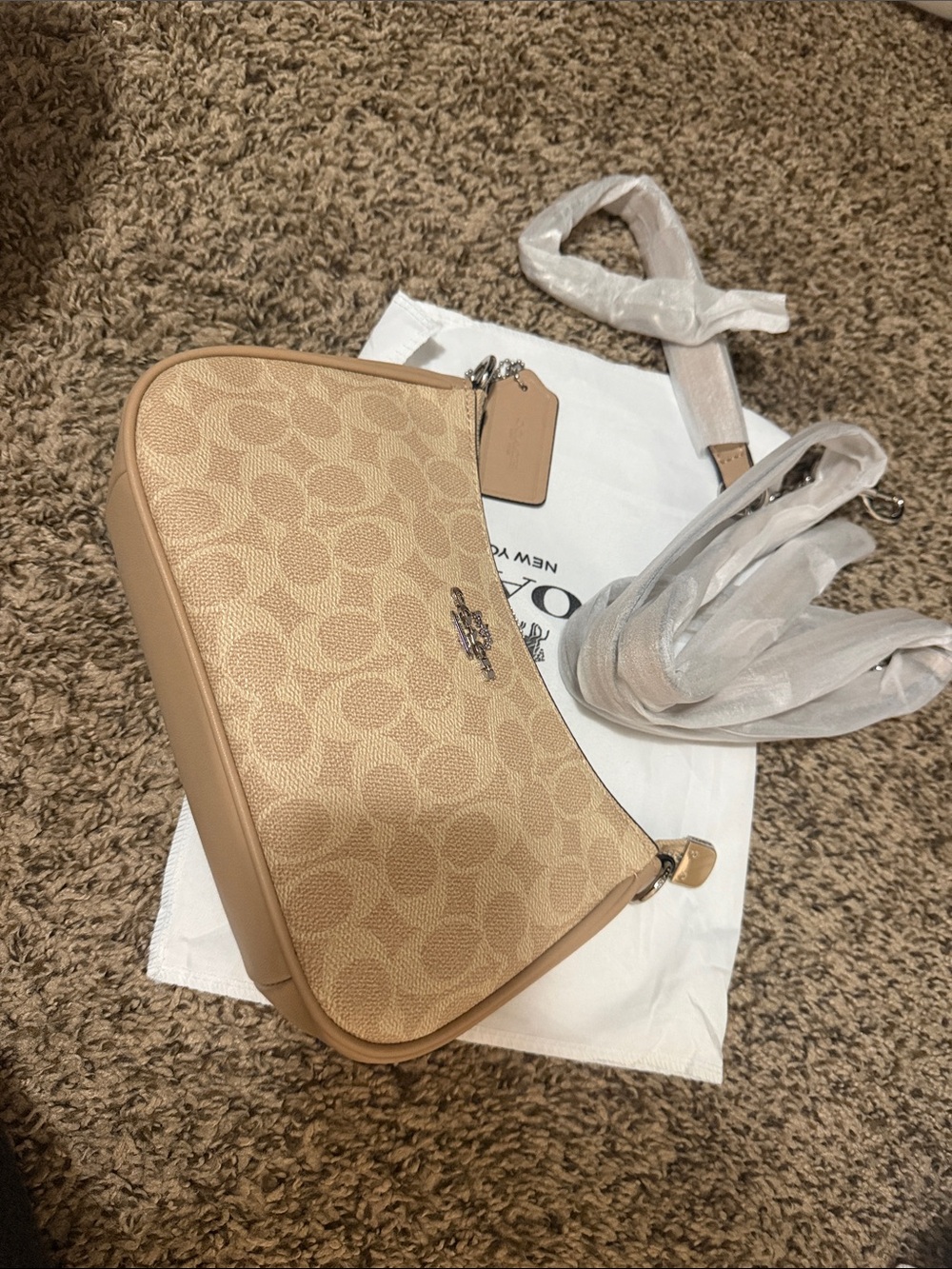Coach Tan Signature Canvas Shoulder Bag with Leather Trim